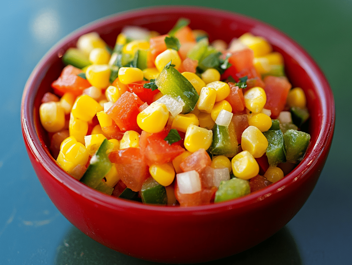 Corn, chopped, tomatoes, green bell peppers and onion salad in a red bowl.