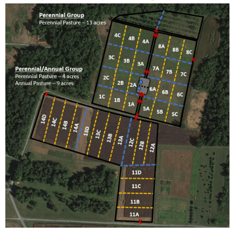  Pasture map depicting grazing areas for the perennial-only (top; pastures 1-8) and perennial/annual (bottom; pastures 11-14) treatment groups.