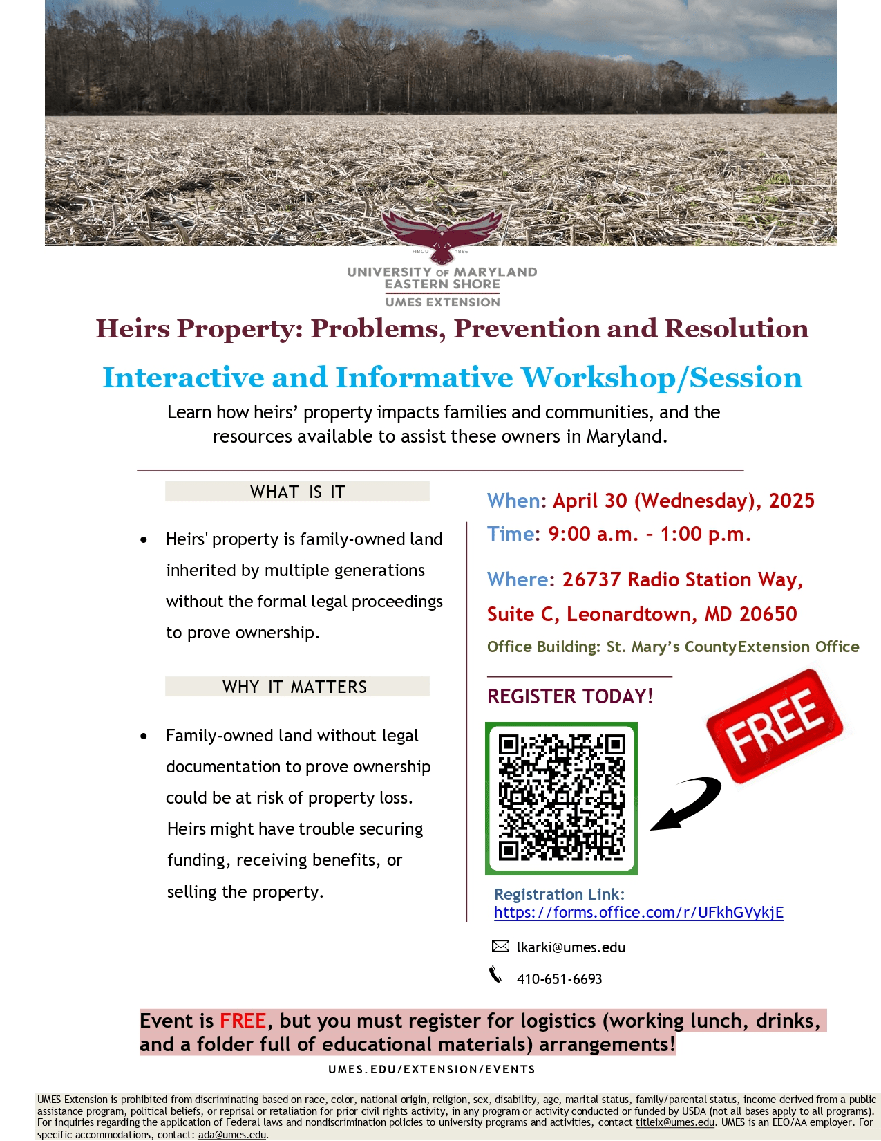 Flyer on Heirs Property Workshop on 4.30.2025