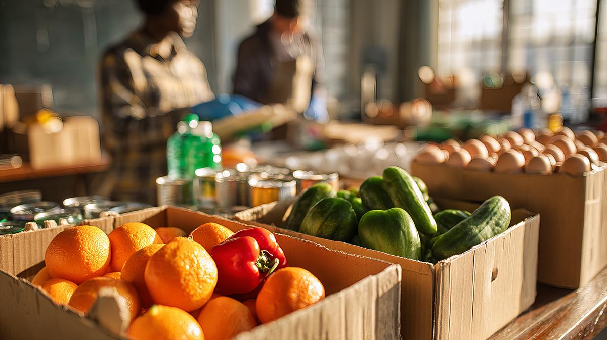 Workers sort food in a pantry
