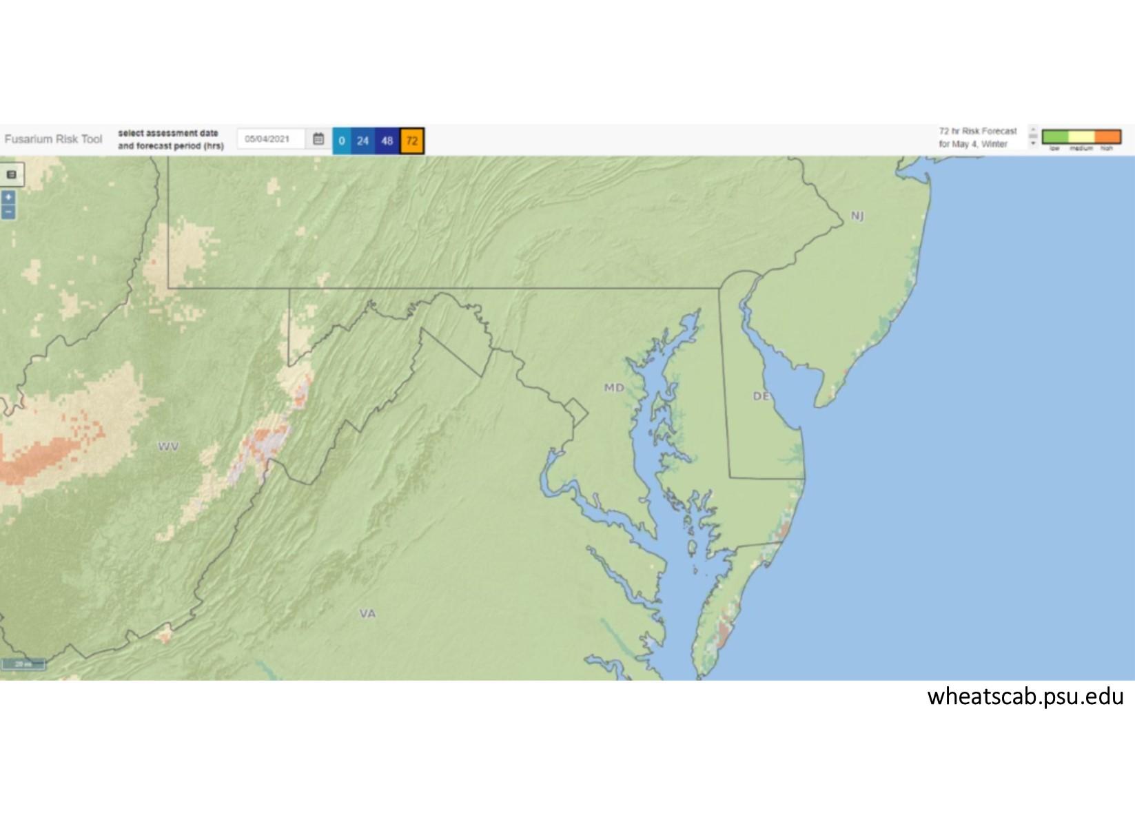 Figure 1. May 4, 2021 72-hour risk assessment map for Fusarium head blight of wheat on very susceptible wheat varieties. ;Image: wheatscab.psu.edu