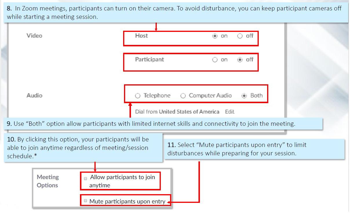 A diagram that provides further explanation on how to use the meeting settings.