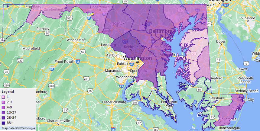 Reported distribution of Japanese Hop in Maryland, from Maryland Biodiversity Project.