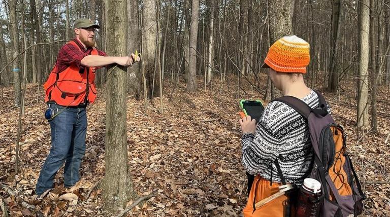 Dustin McClosky, left, an undergraduate student majoring in forest ecosystem management, and Erynn Maynard, a former postdoctoral scholar at Penn State, measure tree diameter to calculate aboveground forest carbon at Penn State's Stone Valley Experimental Forest. Credit: Margot Kaye/Penn State