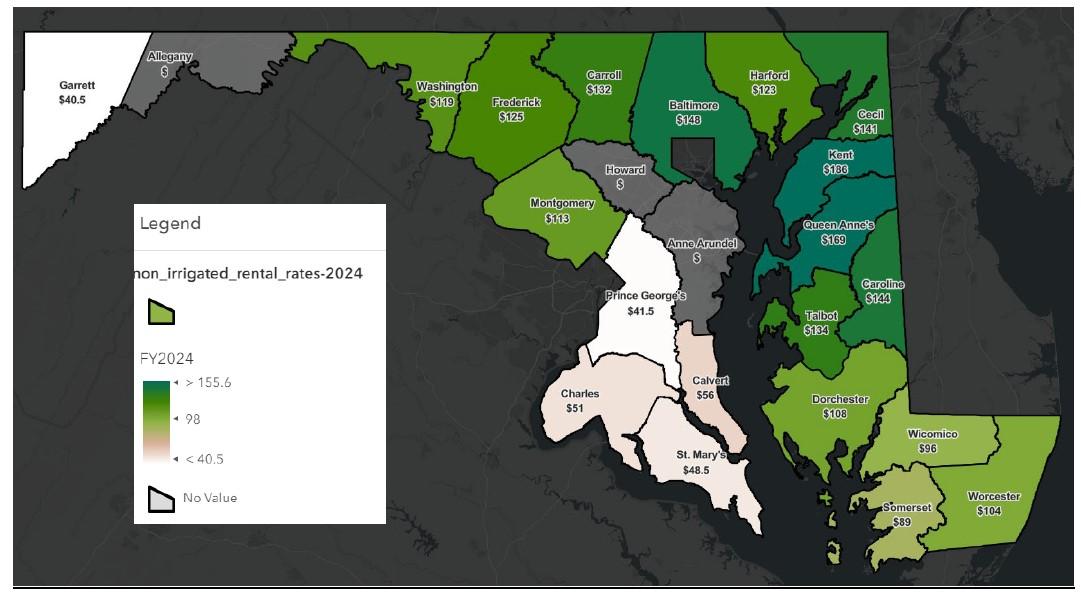 This map visually represents the non-irrigated rental rates across Maryland counties, highlighting regional variations. Counties with no data are marked in gray, reflecting data limitations.