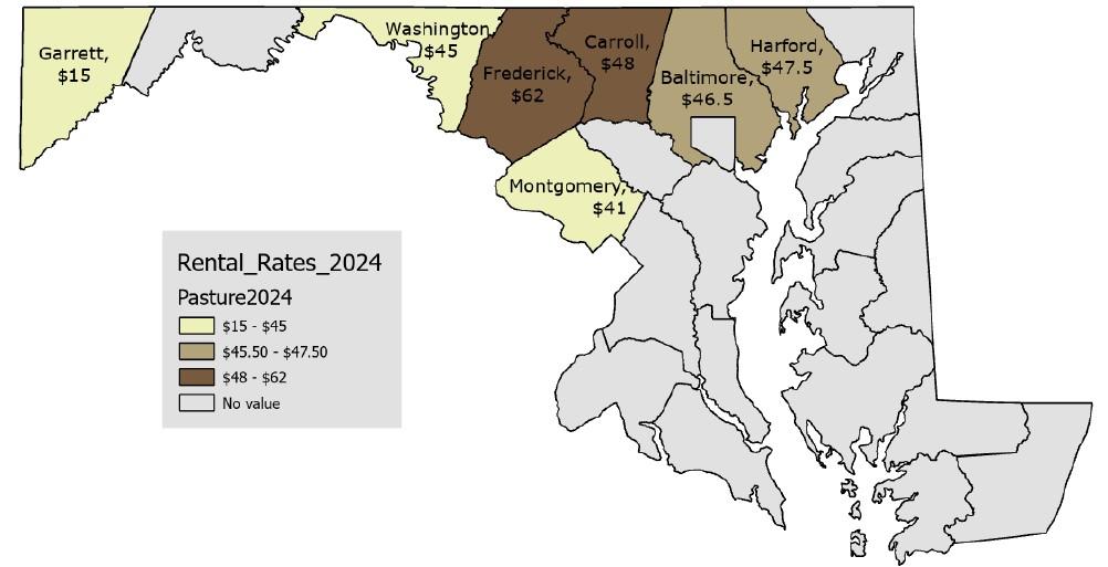 This map depicts the 2024 cash rental rates for pastureland across selected Maryland counties, with color coding indicating rental rate ranges.