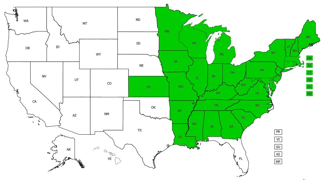 Oriental bittersweet US distribution, 2014.  Courtesy eddmaps.org. 