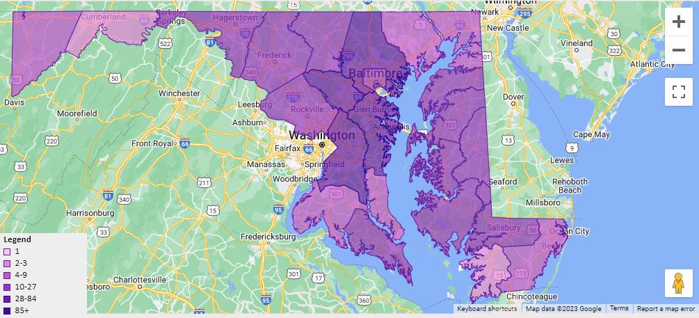 Reported distribution of white mulberry in Maryland, from Maryland Biodiversity Project.