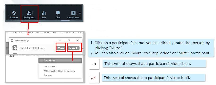  A diagram that demonstrates how to turn the video on or off for participants.